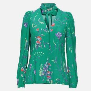 Maje Green Floral Print Tie Neck Button-Up Top (Small)